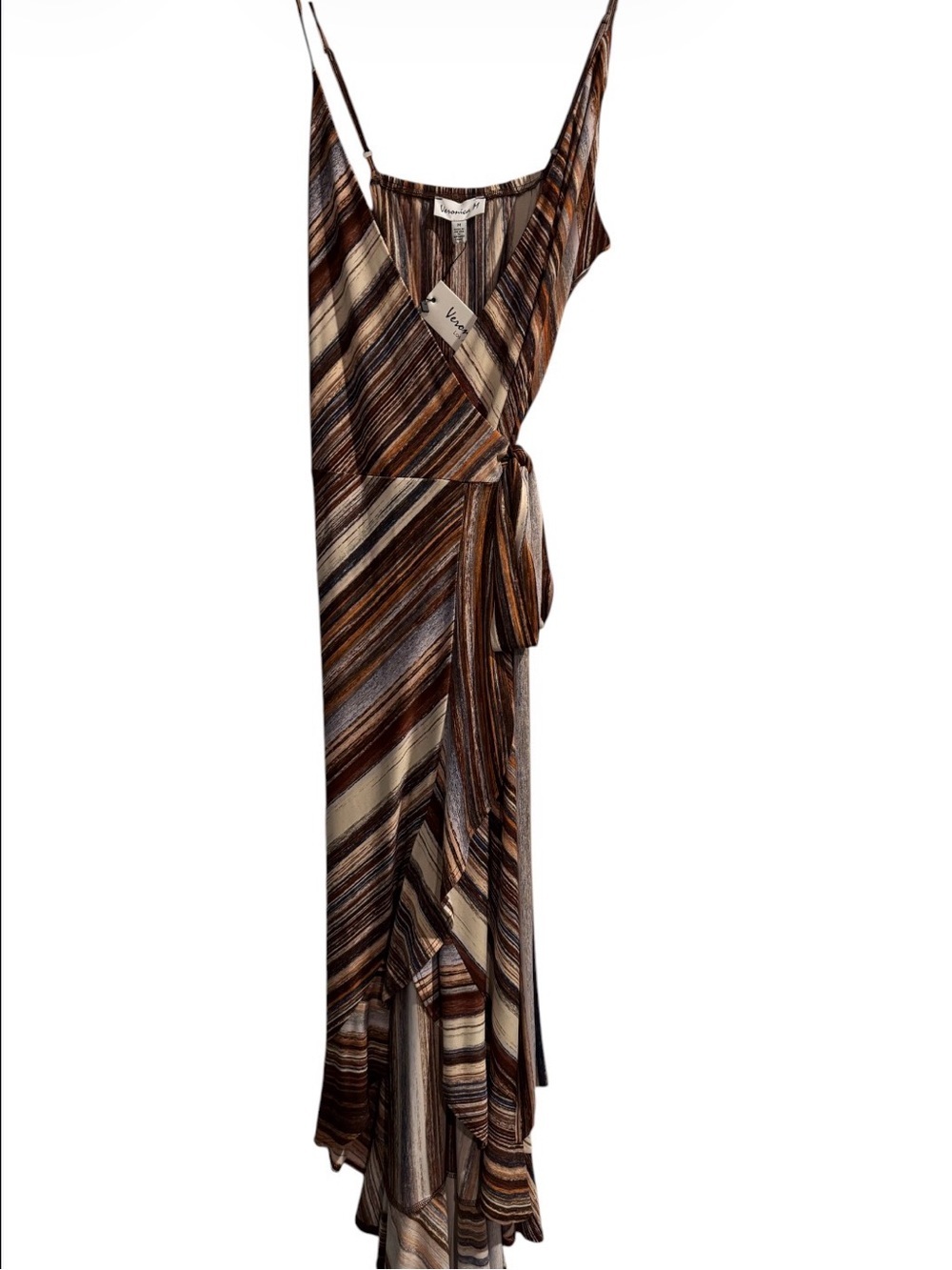 NWT Veronica M Brown & Cream Striped Asymmetrical Wrap Dress Size Medium - Picture 2 of 7